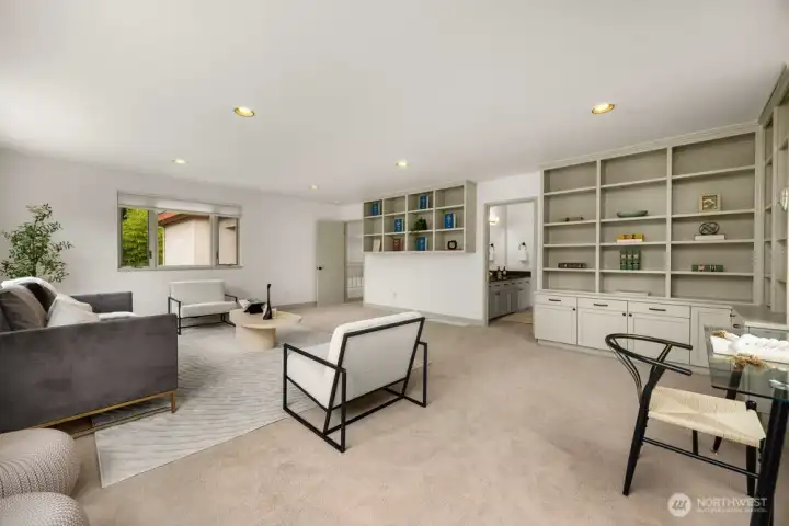 Large rec room, media/playing room above garage keeps noise down in the rest of the house. Could also be used as a large office or large bedroom.