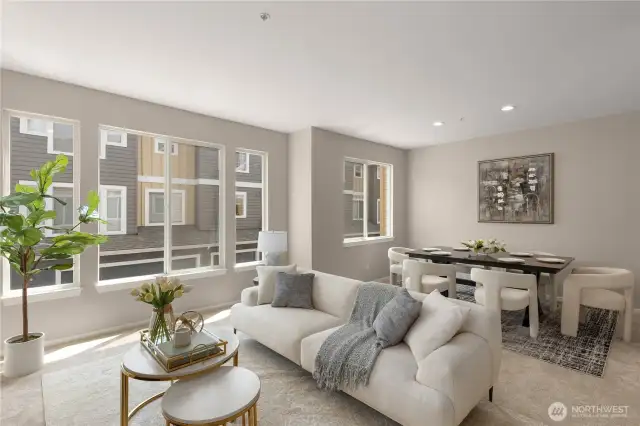 Light-filled living and dining rooms