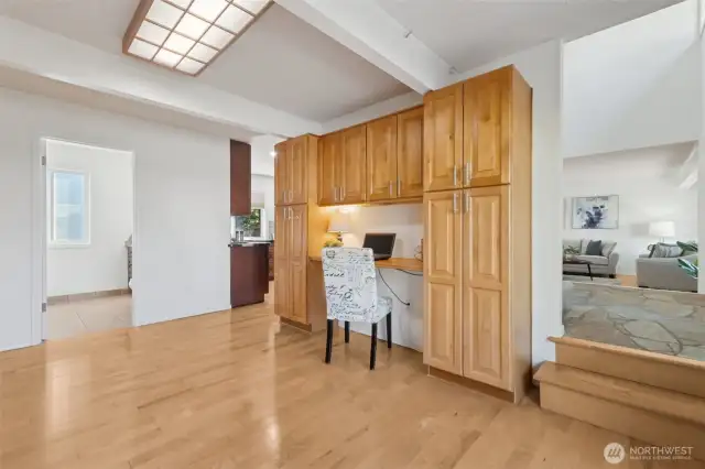 This space is to the left of the entry and flows from the backside of the kitchen. Included on this side of the house are the laundry room and entrance to the garage.
