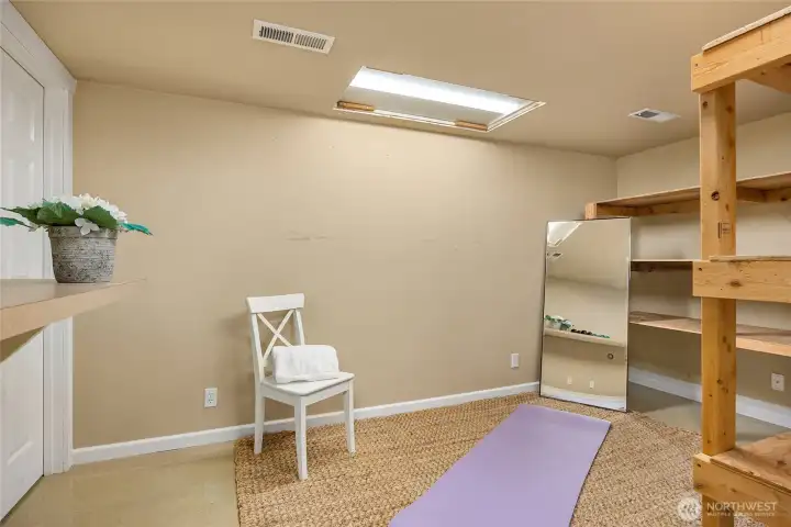 This generous sized room is only partially finished but was used both for extra storage and could double as a private exercise area.  The door to the left leads to the mechanical room and the entrance here is off the garage.