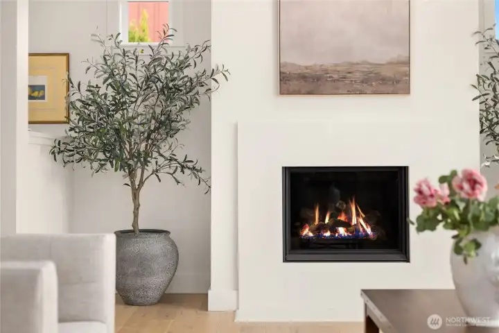 This Heritage Propane Fireplace has a beautiful quartz surround flanked by nooks on either side.