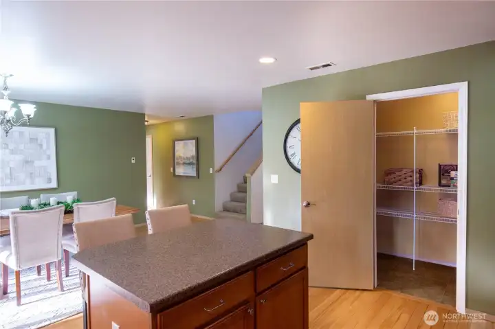 The kitchen has an incredibly large walk-in pantry and is open to the dining room.
