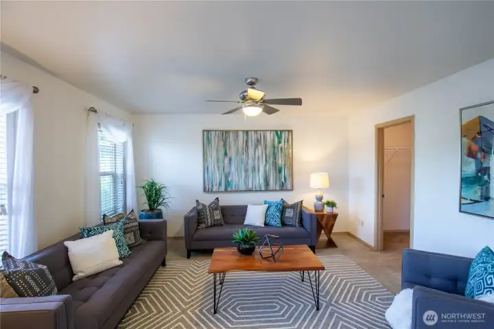 At the top of the stairs is this large flex space with another large walk-in closet.  This space is perfect for family room, office, game or play room, exercise area, hobby space or whatever your interests and needs.