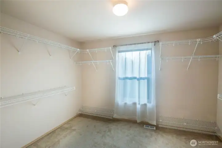 The light and bright primary bedroom walk-in closet is huge (bedroom sized, large enough for a nursery or office space).