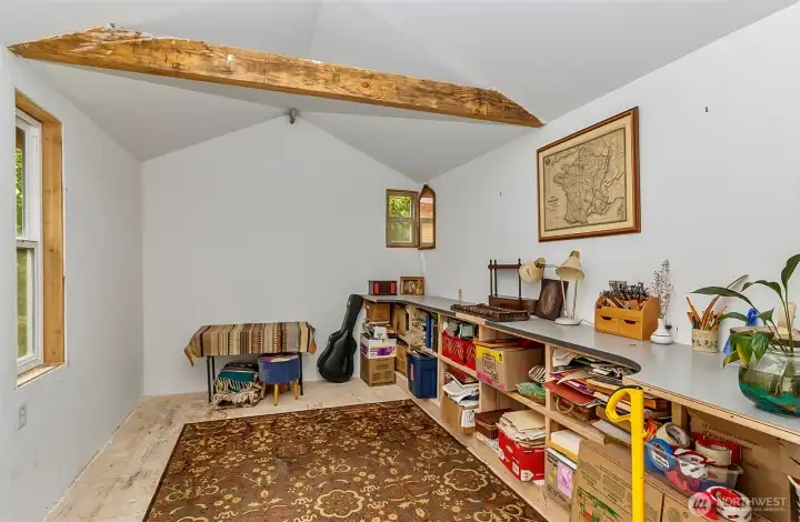 Inside it has great windows, exposed beams, good amount of counter and storage space and of course ran off of solar Inside it has great windows, exposed beams, good amount of counter and storage space and of course ran off of solar