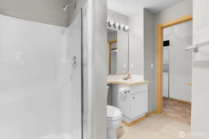Hall bath with walk-in shower. Hall bath with walk-in shower.