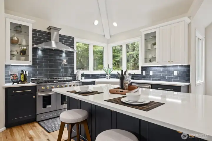 Professional gas range with 2 ovens and professional stainless hood vent.