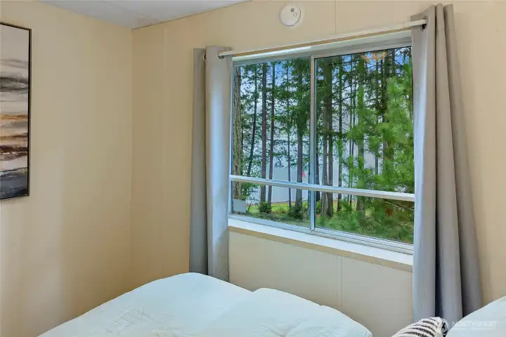 Great view of trees and water from the bedroom.