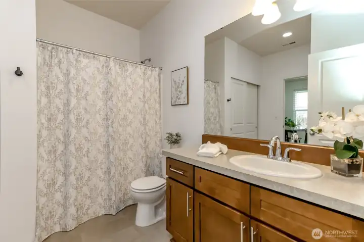 Downstairs full bathroom. You can see the den through the mirror and the full linen closet.