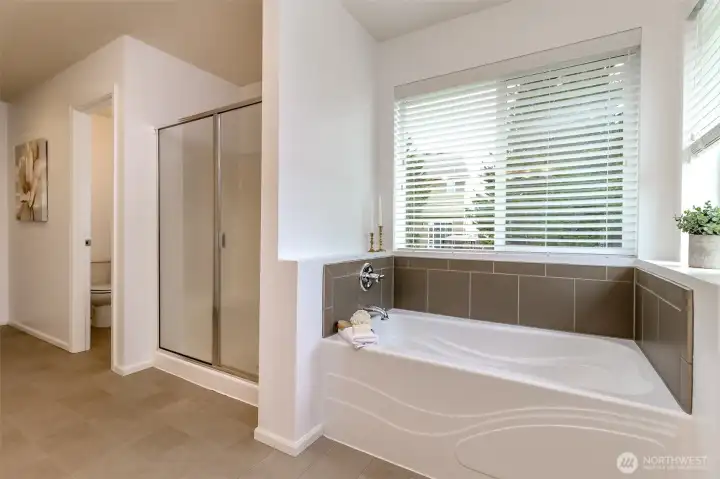Primary bathroom with separate stand alone shower, soaking tub and water closet.