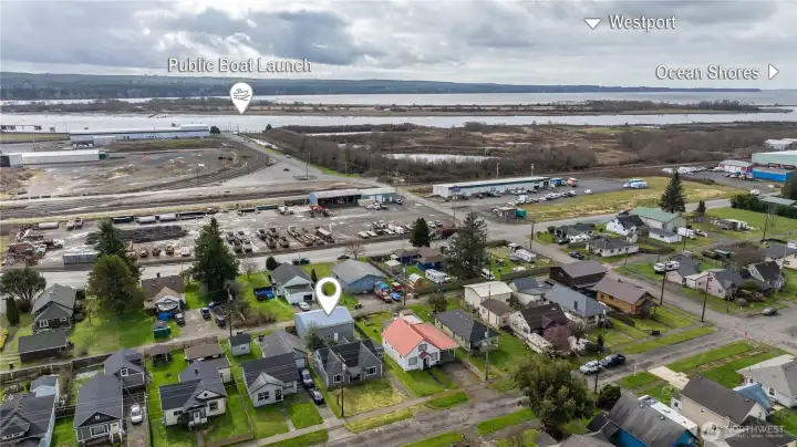 Aerial showing boat launch, Westport, and Ocean Shores.