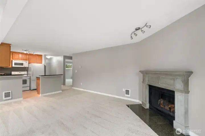 Cozy wood burning fireplace in living room