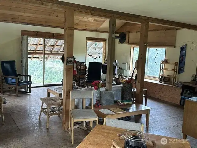 The open floor plan enhances the cabin and bathes the rooms in natural light.