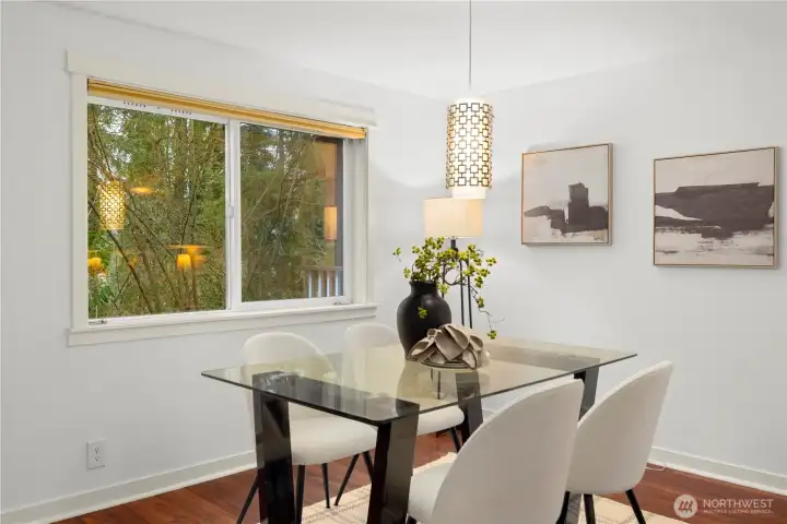 The home overlooks a greenbelt so its totally private and you have views of trees, not other units from the dining and living areas. The home overlooks a greenbelt so its totally private and you have views of trees, not other units from the dining and living areas.