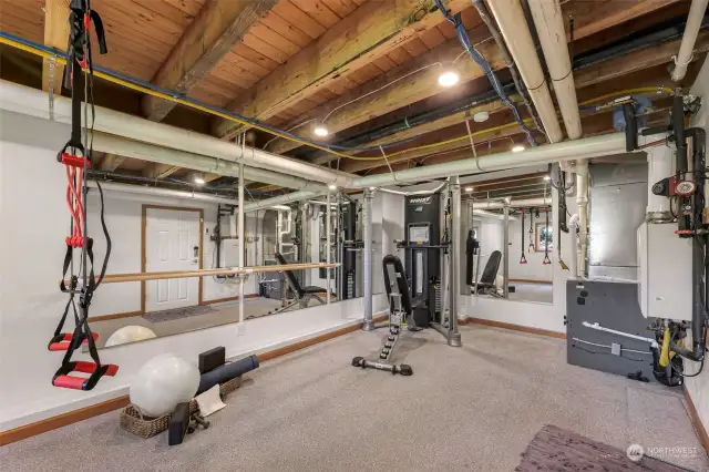 Home gym comes equipped with Hoist Mi6 commercial Functional Weight Trainer with bench, Lifeline Suspension Training System and Pullup Bar, Wall to Wall rubber flooring, Mirrored exercise wall with barre bar and wall-mounted 40" TV with network wiring connections.