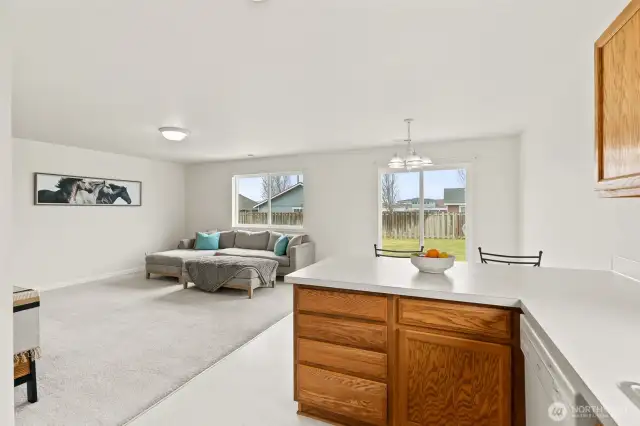 Kitchen looking to living area