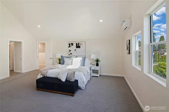 Upstairs is the main bedroom and bathroom. The vaulted ceilings are so elegant. To the left of the bed is a huge storage area that runs the length of the house. Clothes, hobbies, sports equipment ?