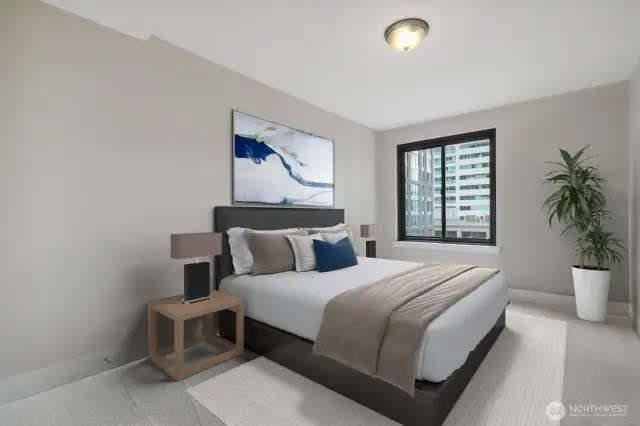 The bedroom window also faces south.  Virtually staged bedroom.
