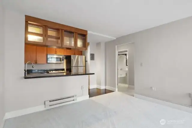 The breakfast counter is perfect for dining for one or two, or have a table for more.  It makes a great food prep area, or serving counter.
