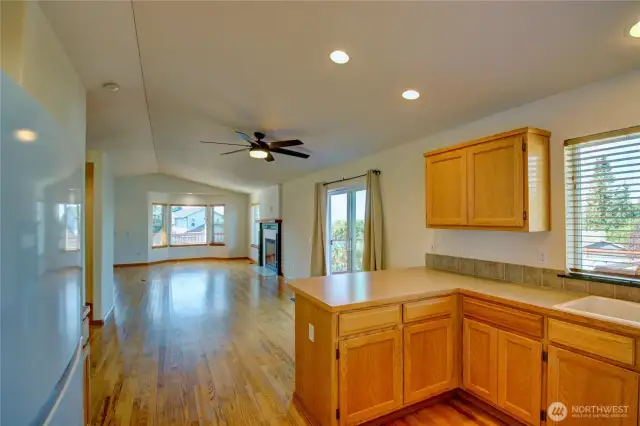 Kitchen looking towards living room, eating area