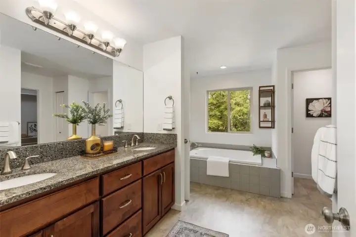 Primary suite with tub, shower, 2 sinks, linen closet AND a generous walk-in closet!
