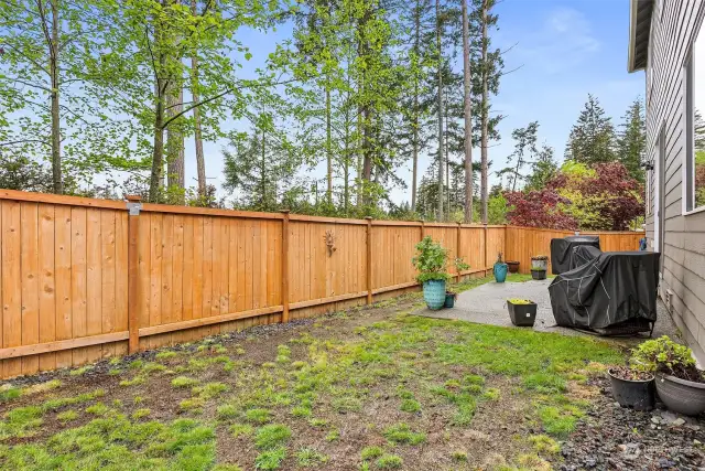 An easy to care for fully fenced backyard with a patio.