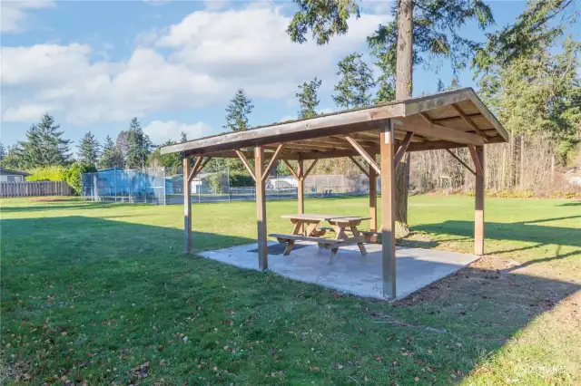 A closeup view of the picnic shelter.