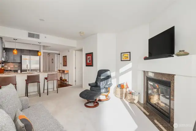 Spacious kitchen open to living area.