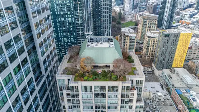 Rooftop deck with views of the city and Sound.