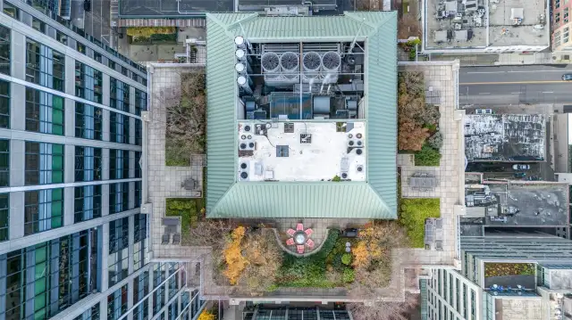 Rooftop deck has various seating areas and BBQs.