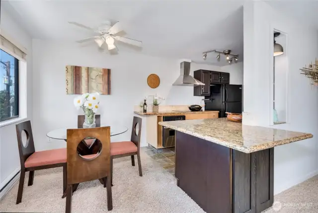 Wrap-around countertop and additional storage.