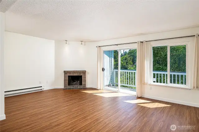 Living room with fireplace. East facing windows provide great natural light throughout the day.
