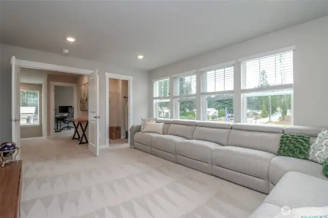 Media room with walk in closet.