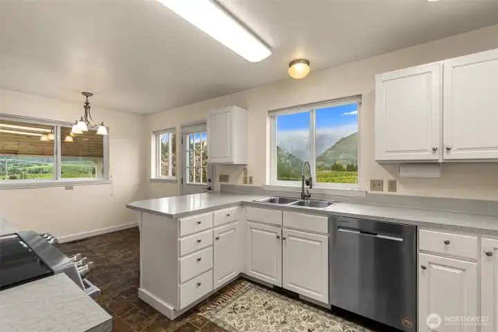 Abundant Counter space and a sink with a beautilful view.