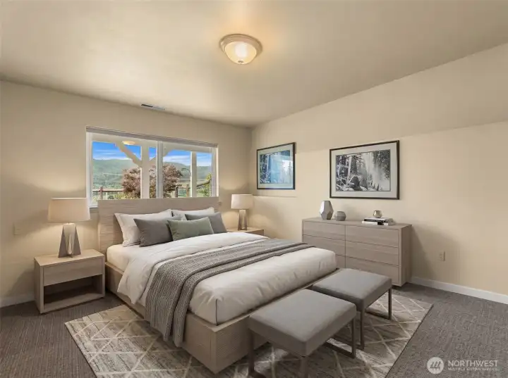 Daylight basement bedroom large bedroom.  Room virtually staged.