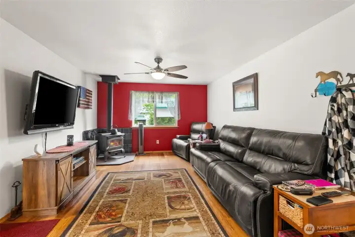 second family room, wood stove