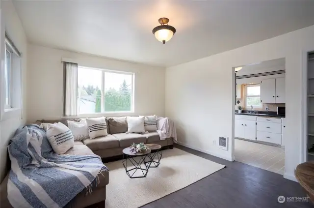 Large Spacious Living room with view of kitchen