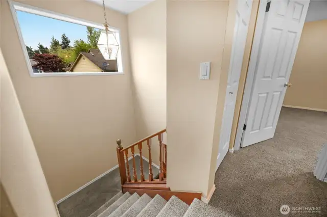 At the top of the stairway landing.
