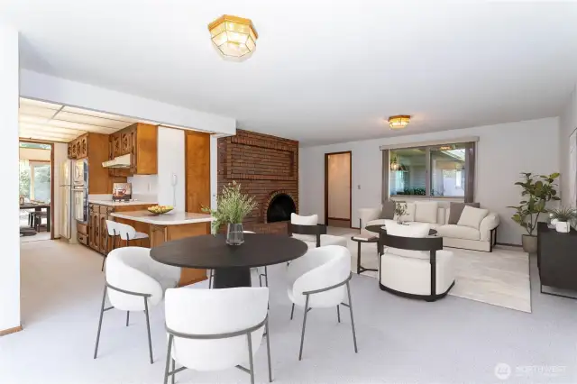 Staged photo, kitchen & family room.
