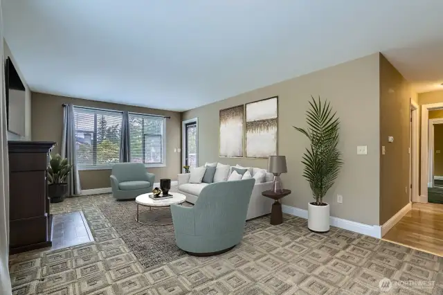 Another view from the dining area into the living room.  Virtually staged