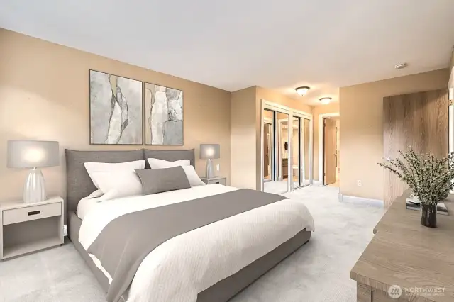 The spacious Primary Suite features a wall of mirrored closets and its own private full bath. Virtually staged