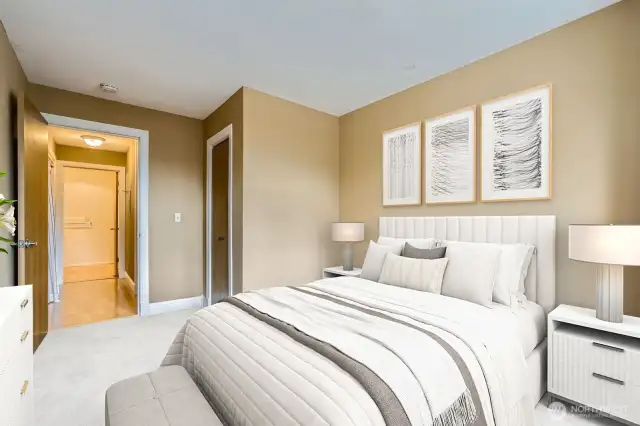 The second bedroom near the half bath makes it a comfortable and pleasant place for guests to stay. Virtually staged.