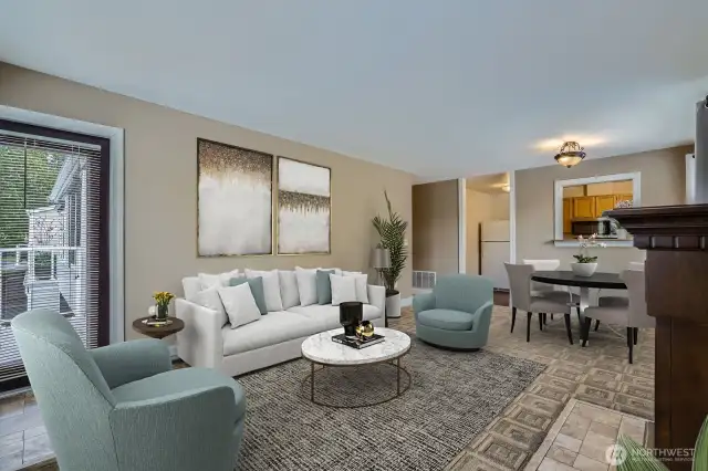 The living and dining rooms are virtually staged.