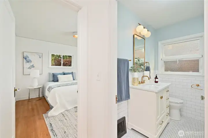 Recently update bathroom tasefully melds in with old workd charm