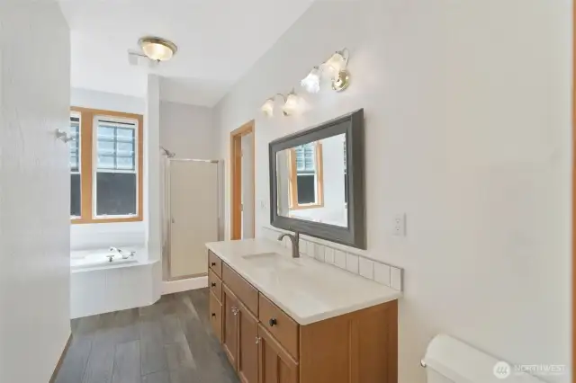 Spacious primary bathroom features a dual-sink vanity, tiled backsplash, walk-in shower, and a soaking tub beneath large windows. Stylish and functional.