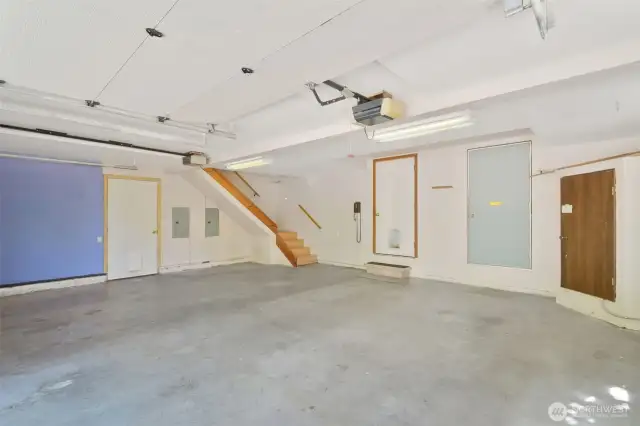 Inside the large two car garage