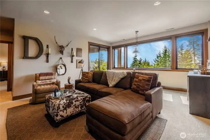 Downstairs family room/rec room with beverage fridge.
