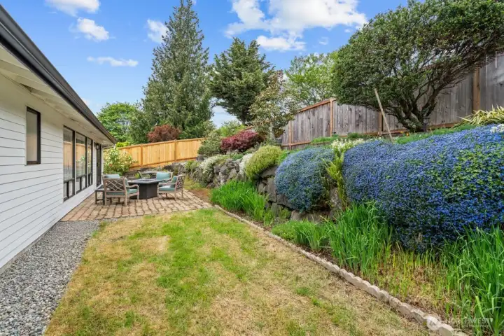 The terraced rockery comes alive with cascading blue blooms, while the lawn below is ready for games, pets, or simply soaking up the sun.