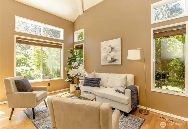 As you step inside, you'll see this wonderful Living Room featuring soaring ceilings and lots of windows.