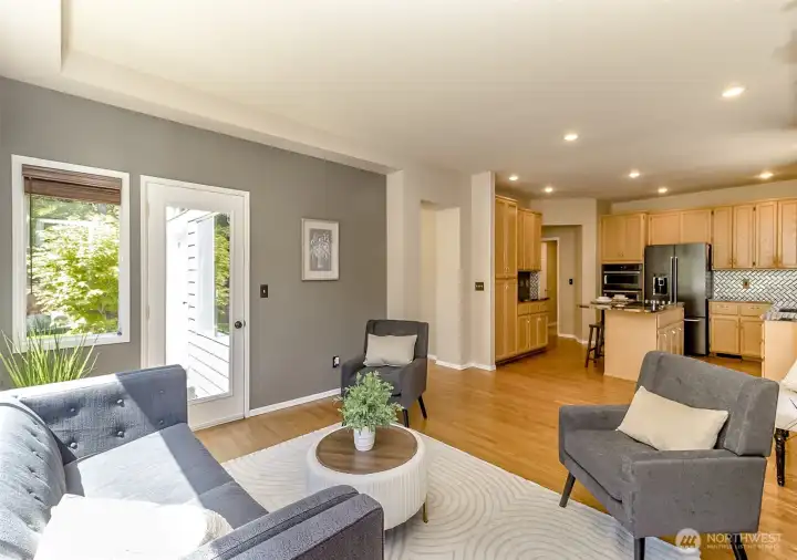 Another view of the family room and kitchen